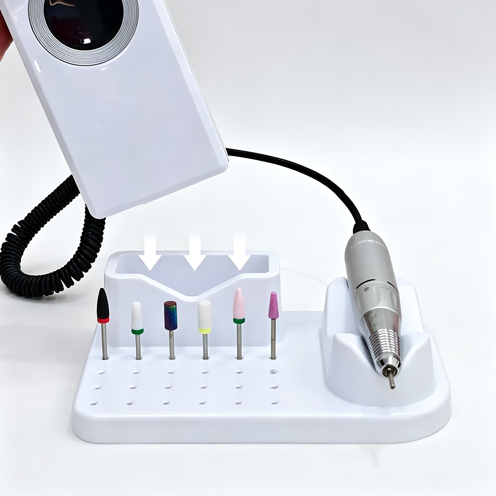 Nail Drill Machine - ที่วางและจัดเก็บหัวเจาะสำหรับเครื่องเจาะเล็บ มีช่องใส่ 24 ช่อง พร้อมฐานสำหรับเครื่องเจาะเล็บและปากกาขัดเงา เหมาะสำหรับจัดเก็บบนโต๊ะทำงาน
