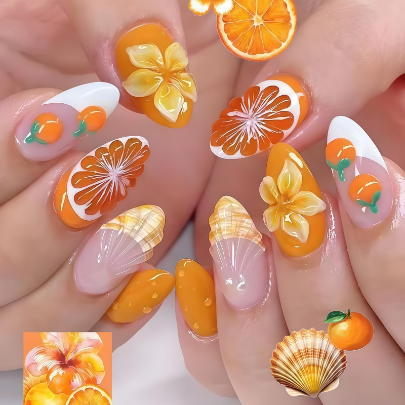 Nail Art Orange - 2026 ใหม่ 30 ชิ้น เล็บปลอม 3