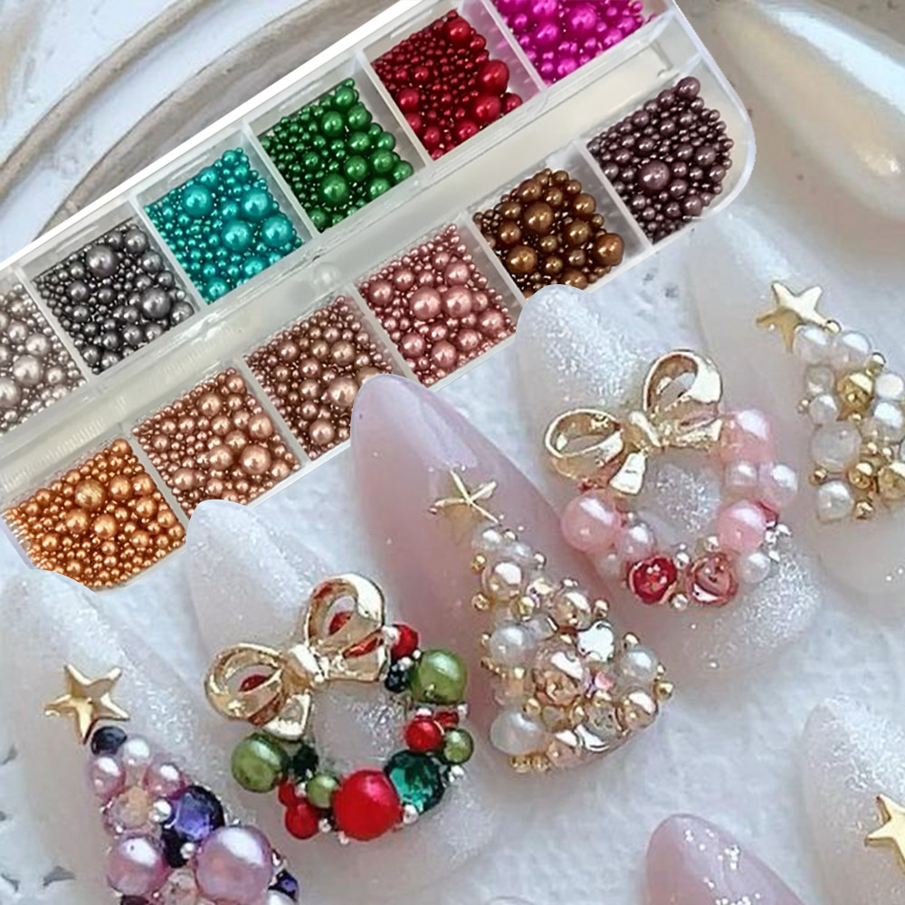 Nail Art Valentines Day - มุกตกแต่งเล็บ 12 สี ขนาดผสม คริสต์มาส สีเขียว