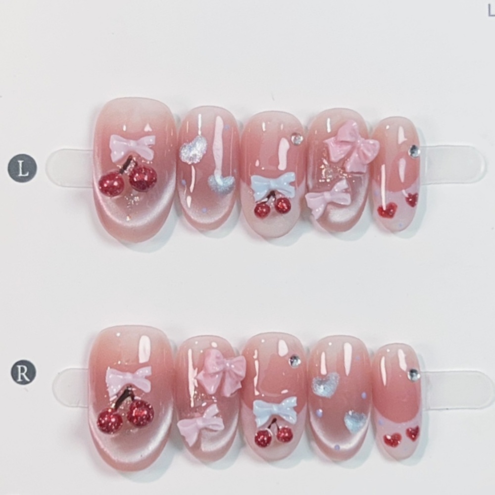 Nail Art Pink - 10pcs Cat's Eye Handmade เล็บปลอมหวานเชอร์รี่โบว์ภาษาฝรั่งเศสคําออกแบบสั้นรูปไข่เล็บปลอม Art