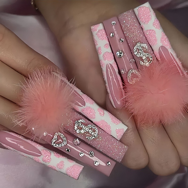 Nail Art Pink - 24 ชิ้นยาวพิเศษสแควร์กดบนเล็บ Love รูปแบบภาษาฝรั่งเศสคําสวมใส่เต็มเล็บปลอมเคล็ดลับประดิษฐ์โลงศพเล็บปลอม